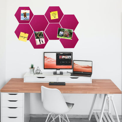 HULAVO 8 Pcs Hexagon Felt Cork Bulletin Board Tiles, Self Adhesive DIY Bulletin Board Pin Board for Office School Home Wall Decor Memos Photos Display(Rose Red)
