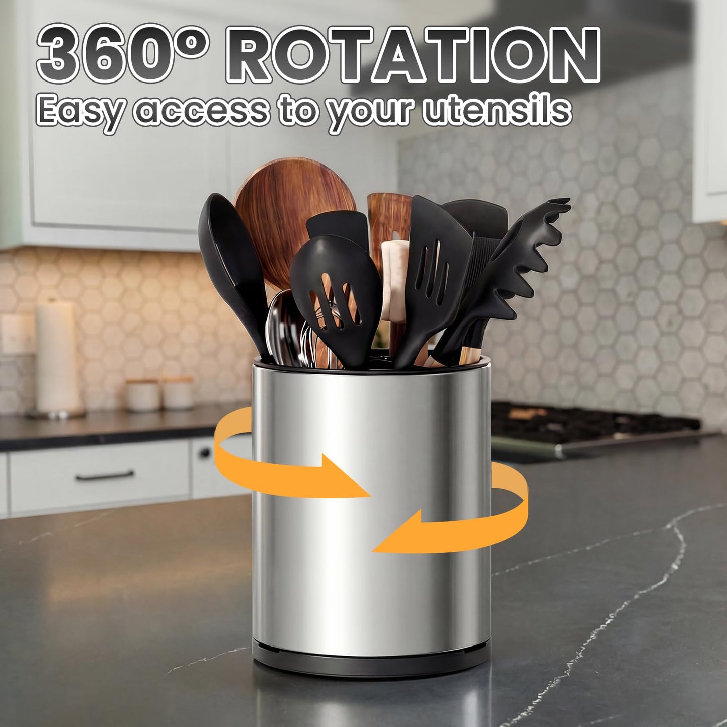 TODAYGO Utensil Holder For Kitchen Counter, Large 360°Rotating Stainless Steel Utensil Crock with 3 Compartment, Drainage Non-Slip