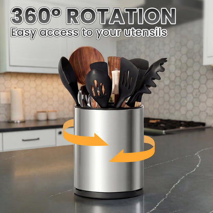 TODAYGO Utensil Holder For Kitchen Counter, Large 360°Rotating Stainless Steel Utensil Crock with 3 Compartment, Drainage Non-Slip