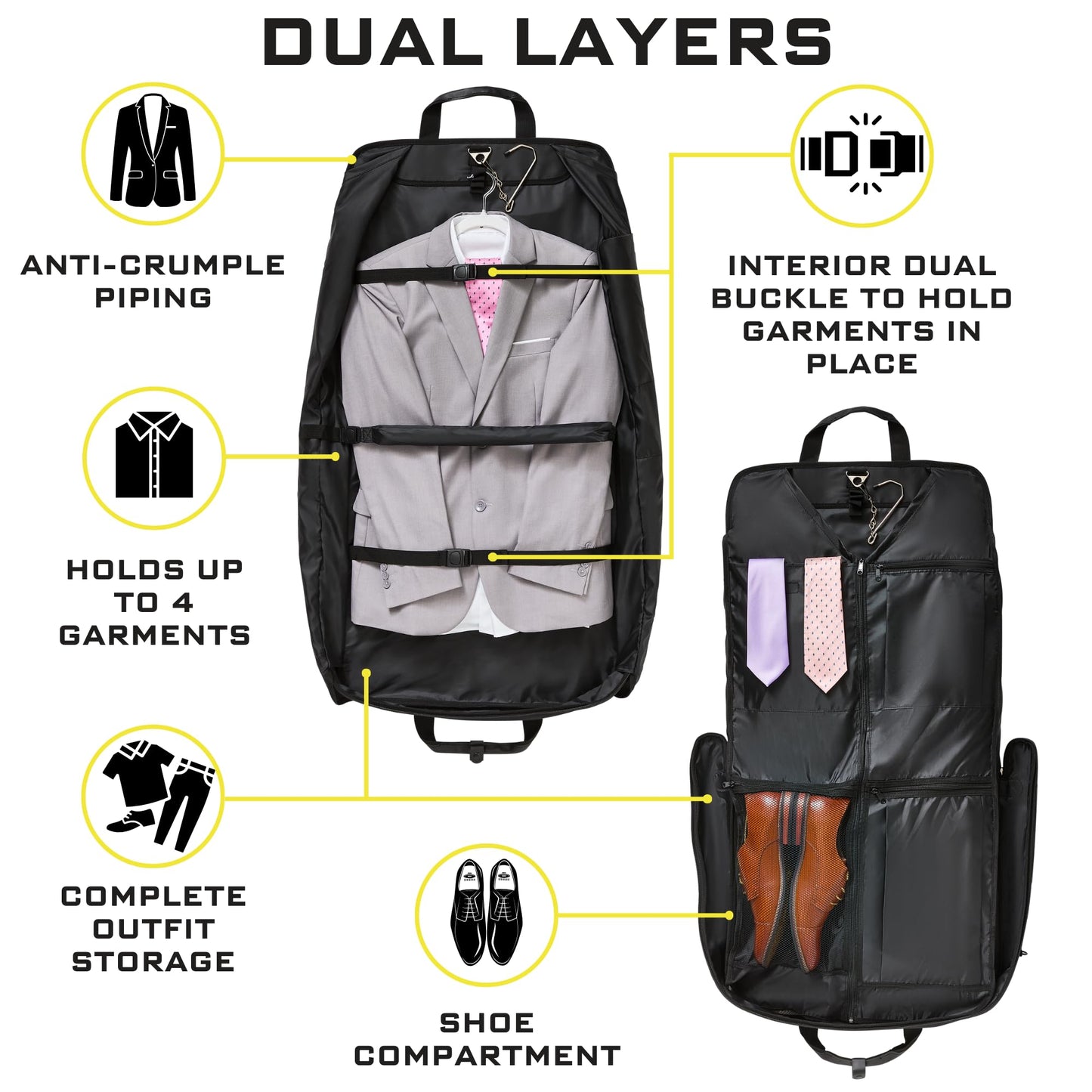 ZEGUR Premium Suit Garment Bag Carry On - Hangs 4 Suits - Travel & Business with Shoulder Strap and Laptop Compartment