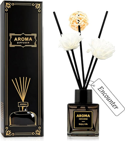 Black Glass Bottle Scent Diffuser, 1.7 oz Reed Diffuser with Sticks, Home Fragrance for Bookshelf, Bedroom Vanity, Office Desk & Bathroom Decor, Air Freshener for Aesthetic Room Decor (Encounter)