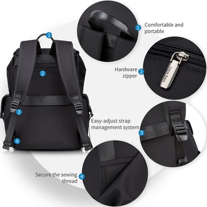 Colins Keirs Black Backpack for Men, 16 Inch Laptop Backpack with Computer Compartment, Slim Waterproof Drawstring Tech Backpack for Travel, Work, College & Daily Use