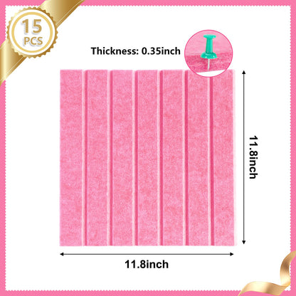 15 Pack Felt Bulletin Board, 35" x 59" Large Pink Pinboard with 30 Push Pins, Felt Pin Board, Self-Adhesive Cork Board Tiles for Home, Office Walls, School Classroom Message Photos Display