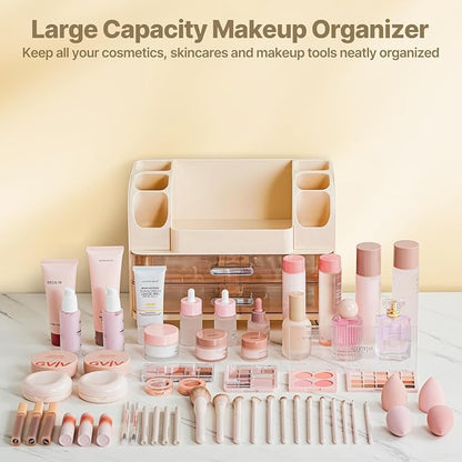 Makeup Organizer with Brush Holder, Makeup Organizer Countertop with 2 Drawers, Make up Organizers for Vanity, Vanity Organizer, Makeup Storage For Skin Cares,Makeup Brushes,Lipsticks,Perfumes(Cream)