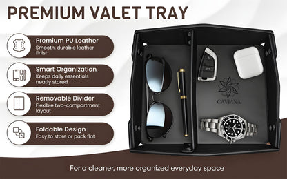 CAVIANA Valet Tray Organizer for Men & Women - PU Leather Catch All Tray with Removable Divider - EDC Storage for Keys, Watch, Phone - Nightstand, Dresser & Desk Organizer - Obsidian Black