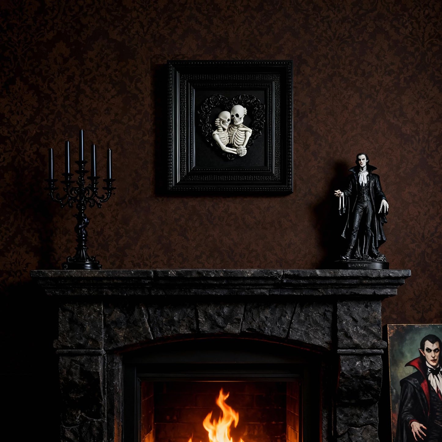Skeleton Couple Hugging 3d Wall Sculpture Love Never Dies Black Wedding Roses Heart Wreath with Black Framed for Home Decor Accents, Living Room, Entryway Wall Art, Gothic Wall Decor