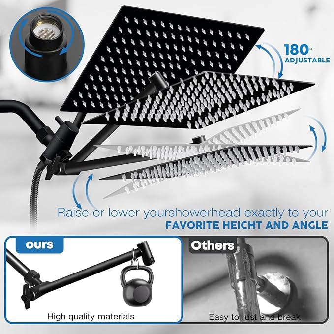 Shower Head,12”Rain Shower Head with Handheld Spray Combo with 11'' Angle Adjustable Extension Arm/Flow Regulator/Shower System,High Pressure Rainfall Shower Head Clean Bathroom,Matt Black