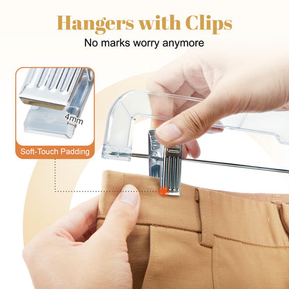 HOUSE DAY 12 Pack 14 inch Clear Plastic Skirt Hangers with Adjustable Clips, Pants Hangers 360-Rotating Swivel Hook, Clip Hangers for Pants, Trousers, Skirts, Jeans, Bulk Plastic Hangers
