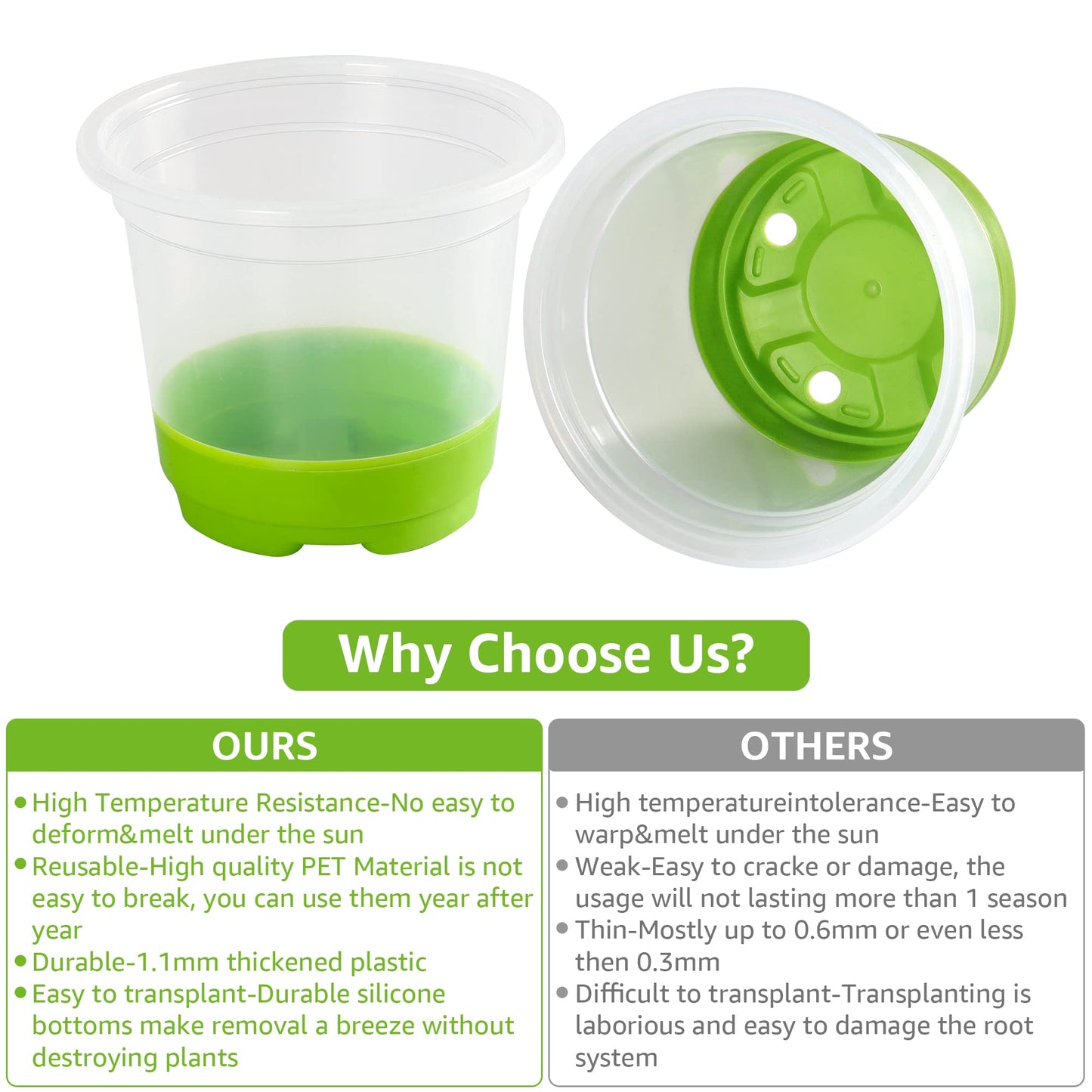 MIXC 30 Packs 4" Reinforced Clear Nursery Pots with Silicone Base for Easy Transplant, Transparent Plastic Plant Pot Reusable Seedling Pots Seed Starter Pots Flower Pot, Green
