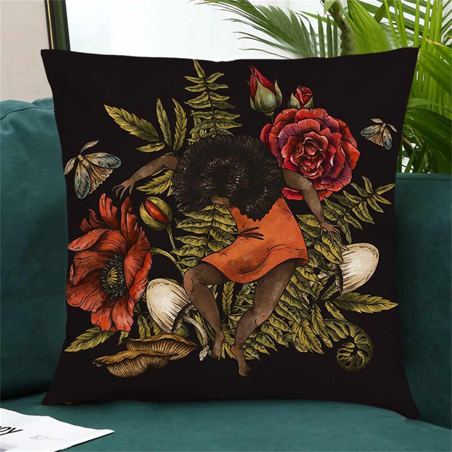 RinRinfam Mystery Witchy Decor Black Pillow Covers 18x18 Set of 4, Rose Skull Magic Girl Rabbit Mushroom Linen Pillow Cushion Cases, Farmhouse Home Decor