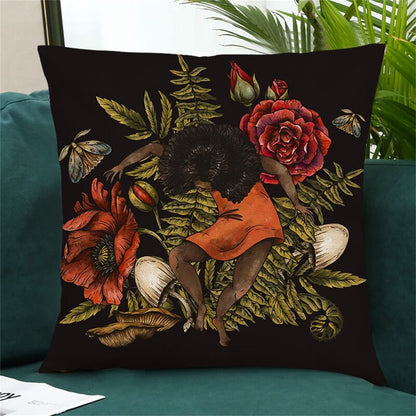 RinRinfam Mystery Witchy Decor Black Pillow Covers 18x18 Set of 4, Rose Skull Magic Girl Rabbit Mushroom Linen Pillow Cushion Cases, Farmhouse Home Decor