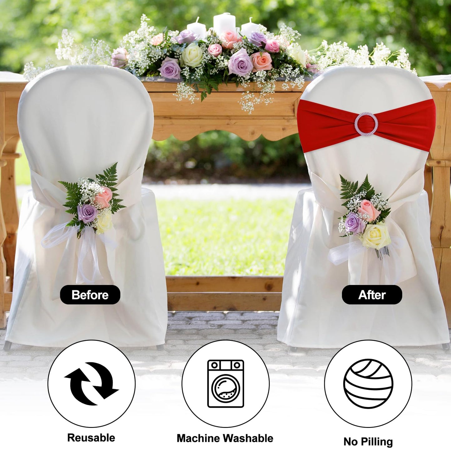 BOUBONI Red Chair Sashes 50 Pack Spandex Stretch Chair Band Sashes with Buckles for Folding Chairs Wedding Party Reception Baby Shower Events Banquet Decorations