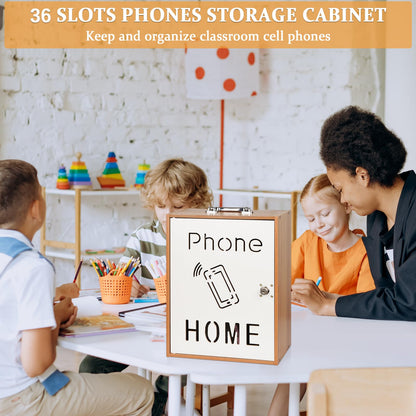 Lzttyee Cell Phone Holder Classroom 36 Slots Wooden Cell Phone Storage Cabinet Pocket Chart with Handle and Security Lock for Classroom Office (36 Grid Cabinet Cherry)