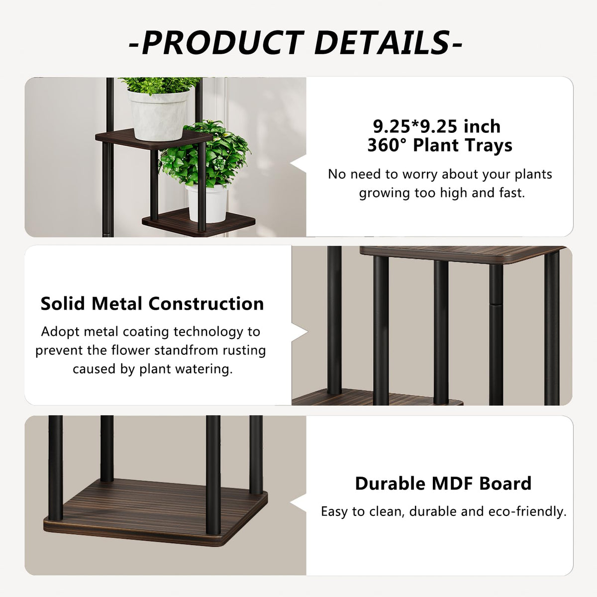 AZERPIAN Plant Stand 4 Tier Indoor Metal Flower Shelf for Multiple Plants Corner Tall Flower Holders for Patio Garden Living Room Balcony Bedroom, Black oak