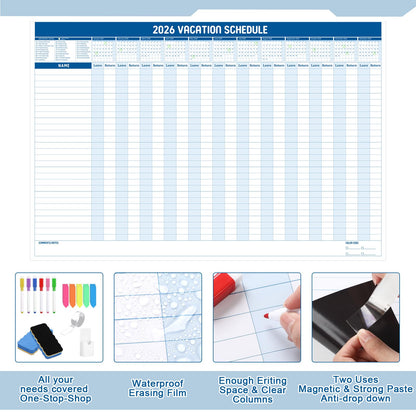 Lincia Large Magnetic 2026 Full Yearly Vacation Board Schedule Dry Erase Wall Planner Calendar Reusable Project Office Whiteboard 24" x 36" Vacation Calendar for Management, Planning, Organizing
