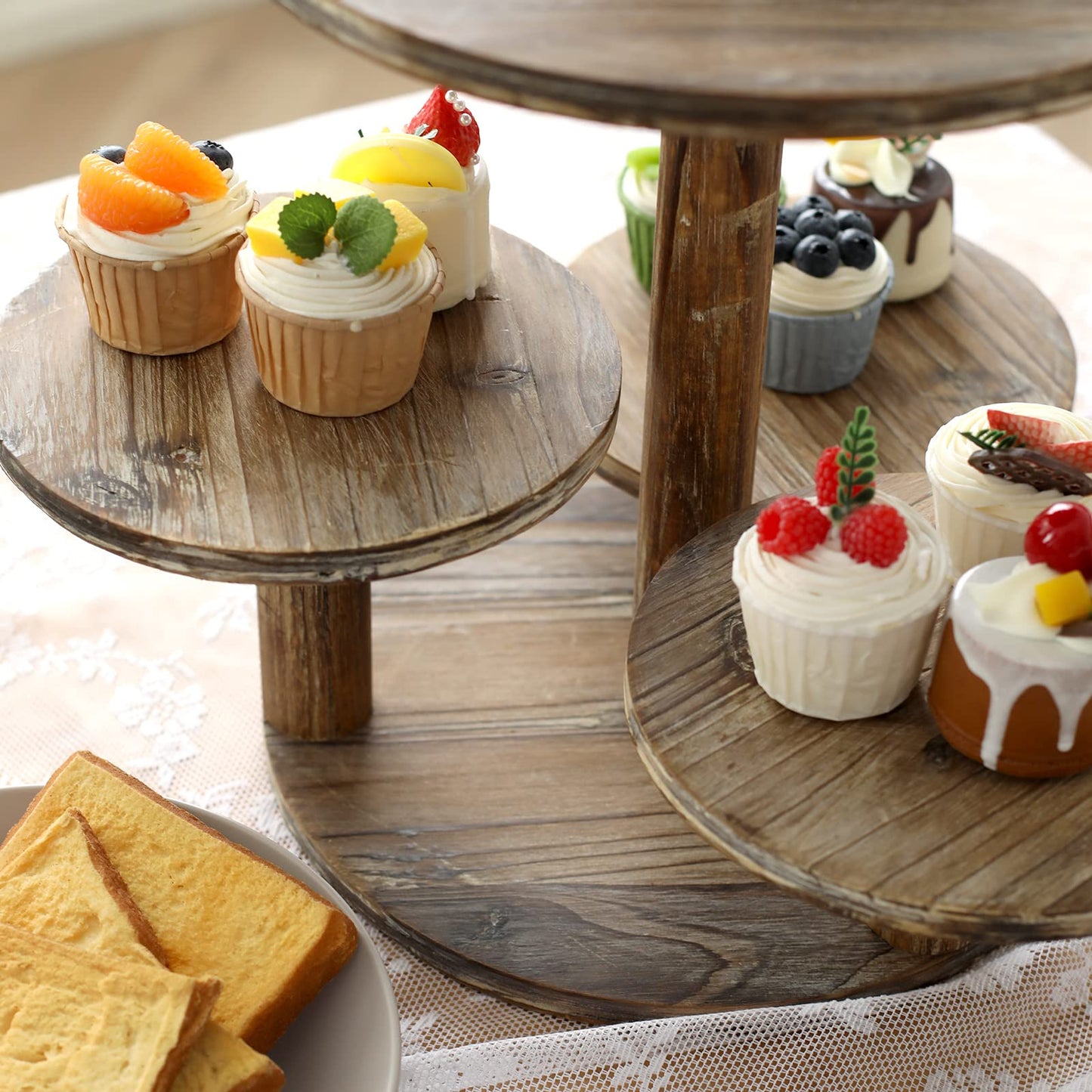 SwallowLiving 5 Tier Round Cupcake Tower Stand for 60 Cupcakes Wooden Cake Stands Farmhouse Tiered Tray Decor Cupcake Display for Birthday Graduation Baby Shower Tea Party and Wedding