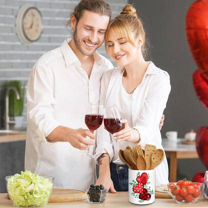 JarThenaAMCS Valentine's Day Ceramic Utensil Holder Green Leaves Red Heart Utensil Crock for Wedding Home Kitchen Countertop Storage Organizer Container