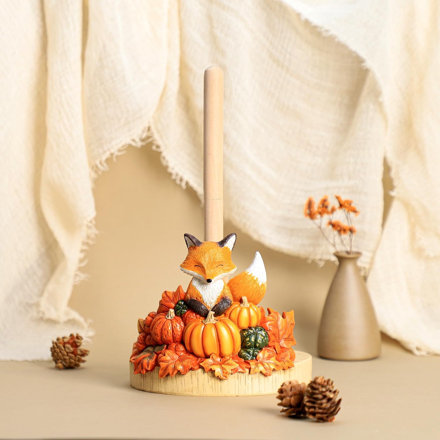 Bicuzat Autumn Maple Leaves Pumpkin Pattern Paper Towel Holder Stand, Resin Fox Crafts Display for Kitchen Countertop, Halloween, Harvest Festival, Cafe, Restaurant