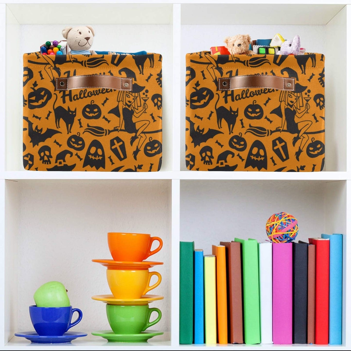 AUUXVA Storage Basket Happy Halloween Pumpkin Witch Storage Cube Box Durable Canvas Collapsible Toy Basket Organizer Bin with Handles for Shelf Closet Bedroom Home Office