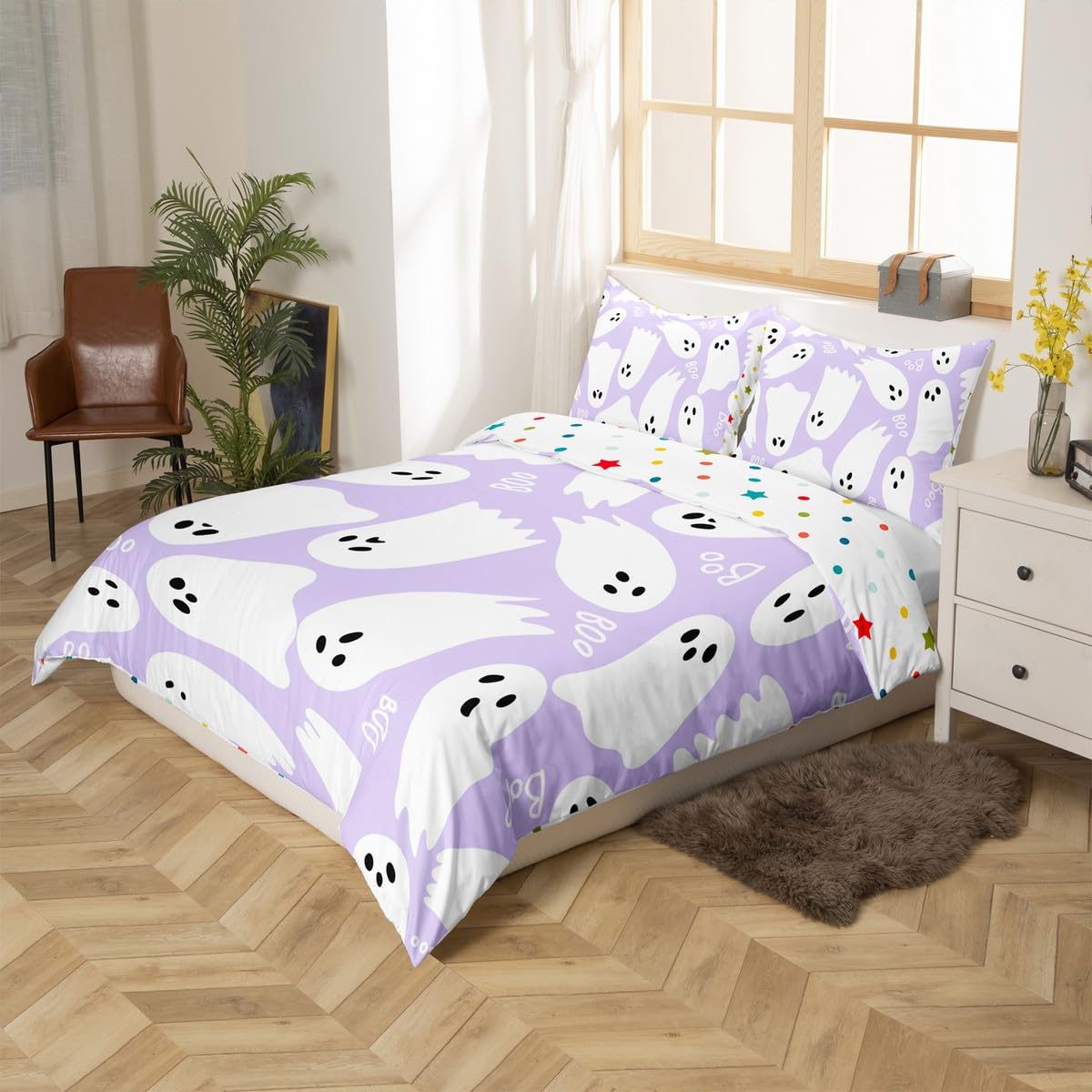 Purple Cartoon Style Duvet Cover Queen Size Halloween Theme Comforter Cover with 2 Pillowcases for Teens Adults Kawaii Ghost Bedding Set 3 Pcs Decorative Bed Cover(No Filler)