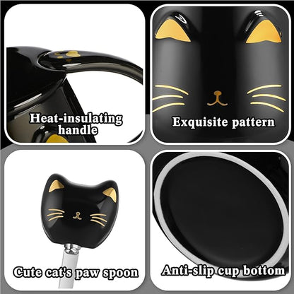 Cat Coffee Cup Coffee Warmer with Mug for Women Electric Mug Heater Temperature Control Ceramic Cute Cat Warmer for Office Valentine' Day Birthday Gift(Black)