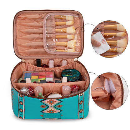 Montana West X Wrangler Travel Makeup Bag 2pcs Set Large Cosmetic Bag with Makeup Brush Holder Portable Make Up Organizer Cute Toiletry Bag with Divider and Handle for Women Aztec