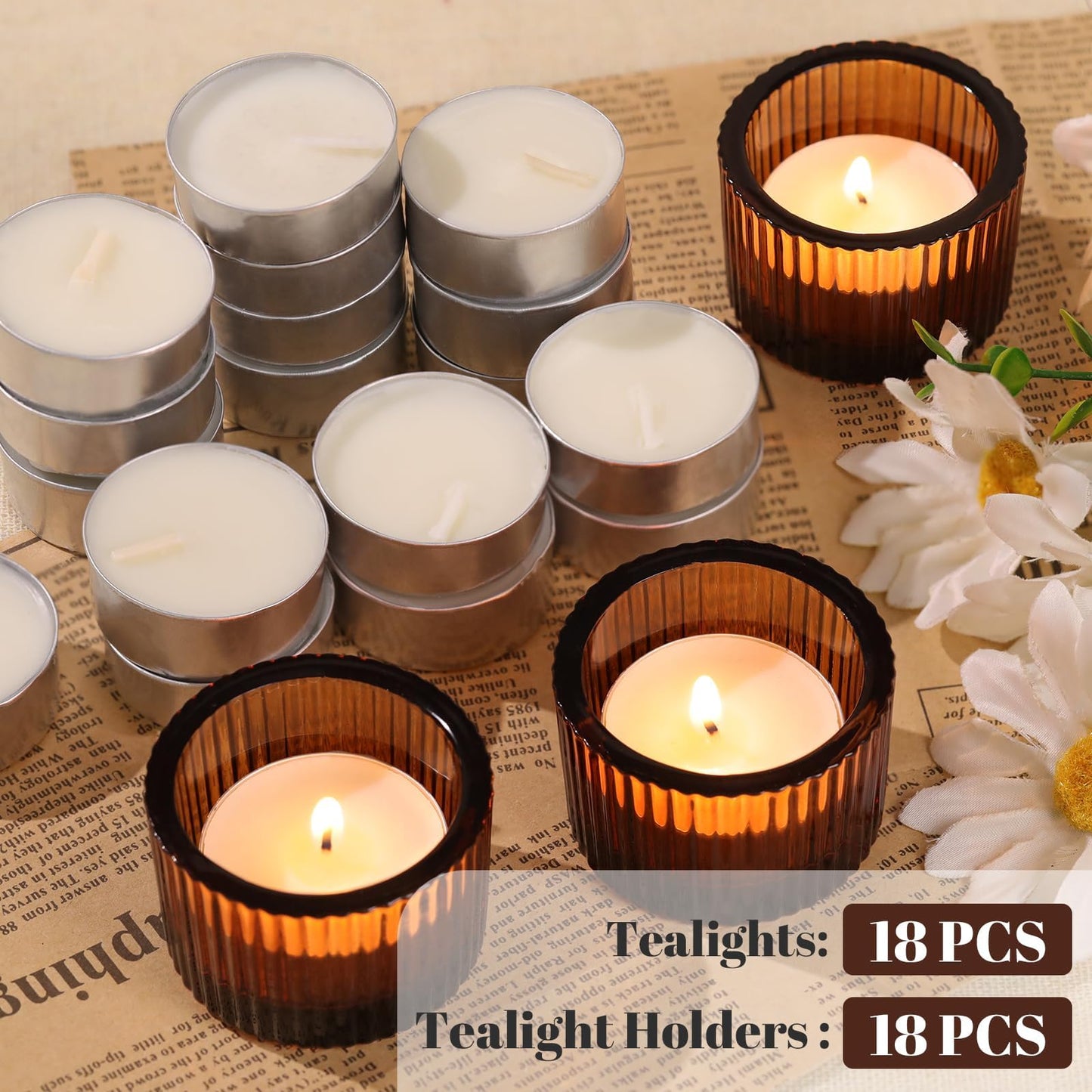 HAVITI 18 Pcs Amber Tealight Candle Holders with 18PCS Tealights, Glass Votive Candle Holders Set for Table Centerpiece, Home Decor and Party Supplies