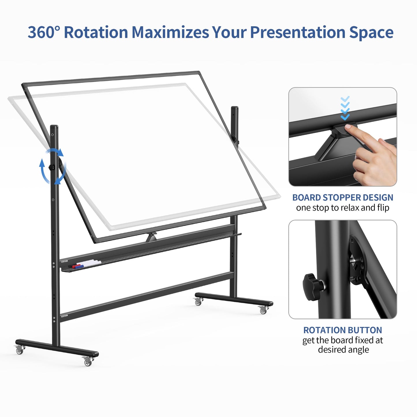 DexBoard Large 72x40 Inch Mobile Whiteboard, Double-Sided Magnetic Dry Erase Board on 360-Degree Rolling Stand, Height-Adjustable, Reversible for Office, Classroom & Home Use