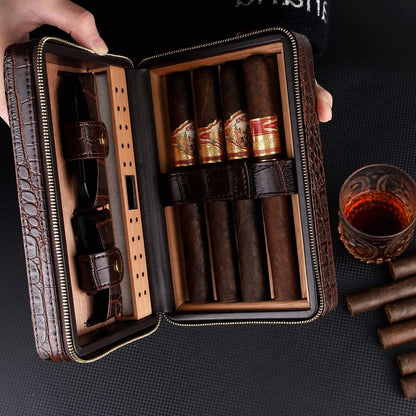 KEENSUN Cigar Case- 4-Finger Black Brown Crocodile Pattern PU Leather Travel Cedar Wood Cigar Humidor with humidifier,Cigar Cutter and Cigar Holder Great Gift for Men