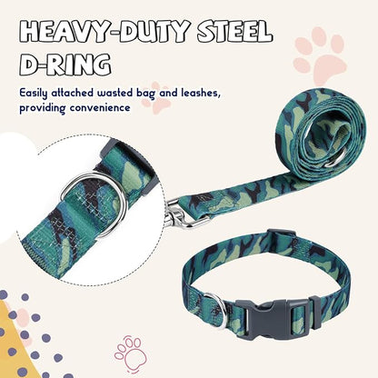 Print Patterned Dog Collar Leash Set, Adjusted Quick-Release Plastic Buckles and Heavy-Duty Steel D-Ring Nylon Collar Leash Set Strong Durable, Green Camo,S