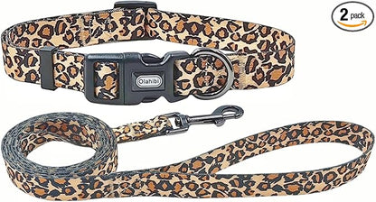Dog Collar Leash Set, Leopard Pattern, Polyester Material, Adjustable Collar and 5ft Matching Leash, for Puppy Dogs.(XS, Brown Leopard)