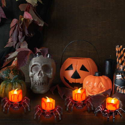 Sakayo 6 PCS Halloween Tea Lights Candles, Battery Operated Halloween's Flameless LED Candles, Spider Tealights Spooky Electric Flickering Fake Candle for Halloween Party Decorations