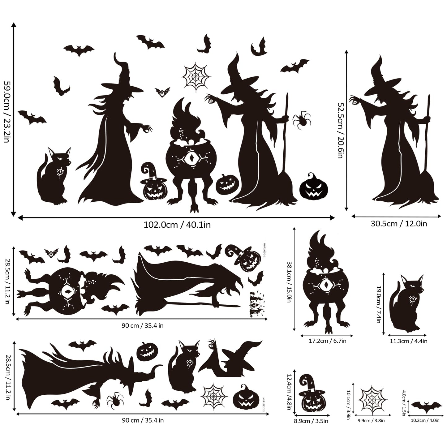 Witch Silhouette Wall Decal Set, Spooky Bats, Pumpkins & Spider Decor Wall Stickers, Peel and Stick Removable Vinyl Stickers, Halloween Party Decorations for Home, Living Room, Bedroom, Window Clings
