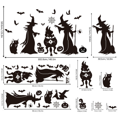 Witch Silhouette Wall Decal Set, Spooky Bats, Pumpkins & Spider Decor Wall Stickers, Peel and Stick Removable Vinyl Stickers, Halloween Party Decorations for Home, Living Room, Bedroom, Window Clings
