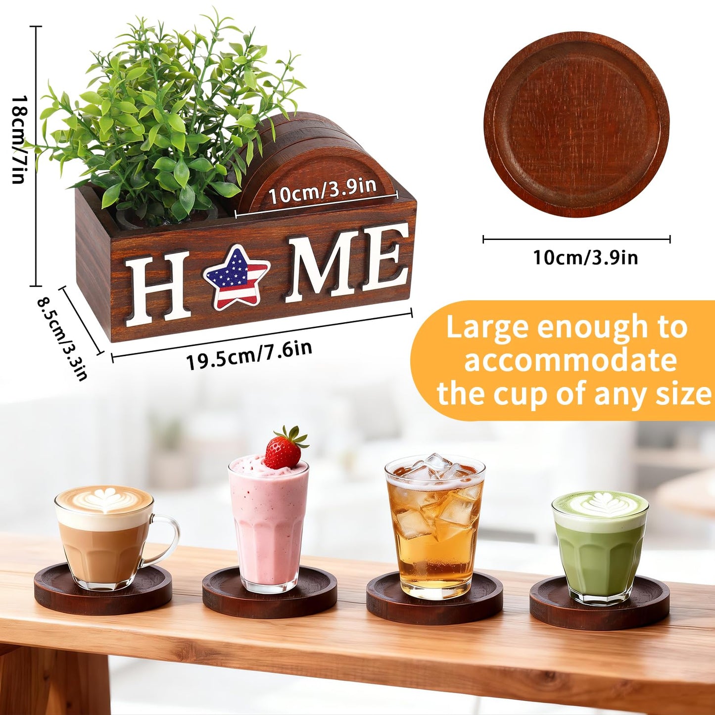 PurpleSwan 4 Pcs Wood Coasters for Drinks with Holder, Interchangeable Home Sign Green Plants Potted Wooden Coaster Set, for Farmhouse Office Bar Drink Coffee Coasters Table Decor.