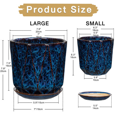 Oairse Ceramic Pots for Plants, 8+6 inch Plant Pots with Drainages Holes & Saucers Large Blue Ceramic Planters Decorative Flower Pot for Indoor Plants Outdoor Inoor