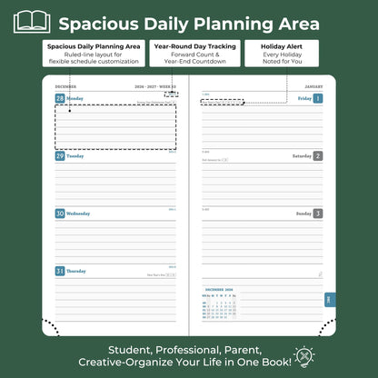 IN-LUXPRO Planner 2026-2027 Daily Weekly and Monthly,6.5"x3.75",18 Months Spiral Bound Calendar Agenda with Self-adhesive Pen Holder,2026 Academic Plan with Vegan Leather Soft Cover,Green