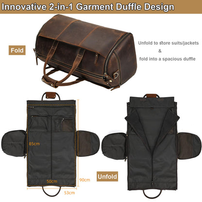Yevabo Full Grain Genuine Leather 2-in-1 Garment Dufflel Bag for Men Foldable Suit Carrier with Independent Shoe Compartment, Large Capacity Weekender Overnight Travel Bag for Business Trips, Coffee