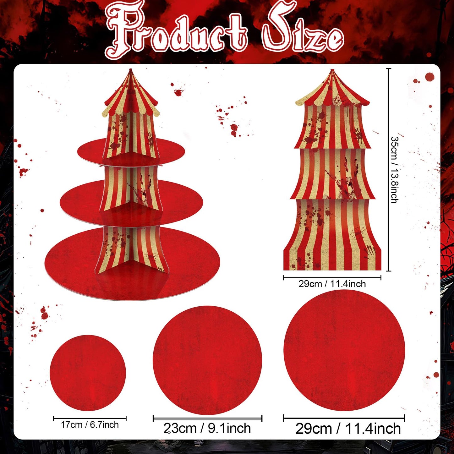 2Pcs 3-Tier Halloween Carnival Decoration Halloween Creepy Circus Cupcake Stand Evil Scary Circus Dessert Tower Stand Carnival Bloody Striped Cake Holder for Horror Movie Dinner Nights Party Supplies