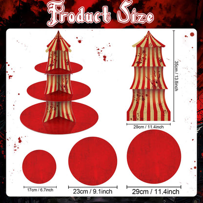 2Pcs 3-Tier Halloween Carnival Decoration Halloween Creepy Circus Cupcake Stand Evil Scary Circus Dessert Tower Stand Carnival Bloody Striped Cake Holder for Horror Movie Dinner Nights Party Supplies