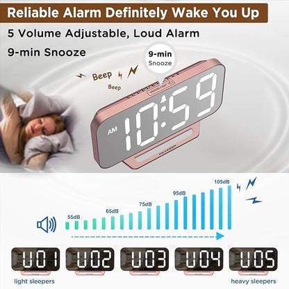 Peakeep Slim Digital Mirror Aesthetic Alarm Clock for Bedroom Living Decor, Plug in Electric Clock Big LED Modern Small Table Clock for Office Desk, Battery Backup, 6 Dimmers (Rose Gold)