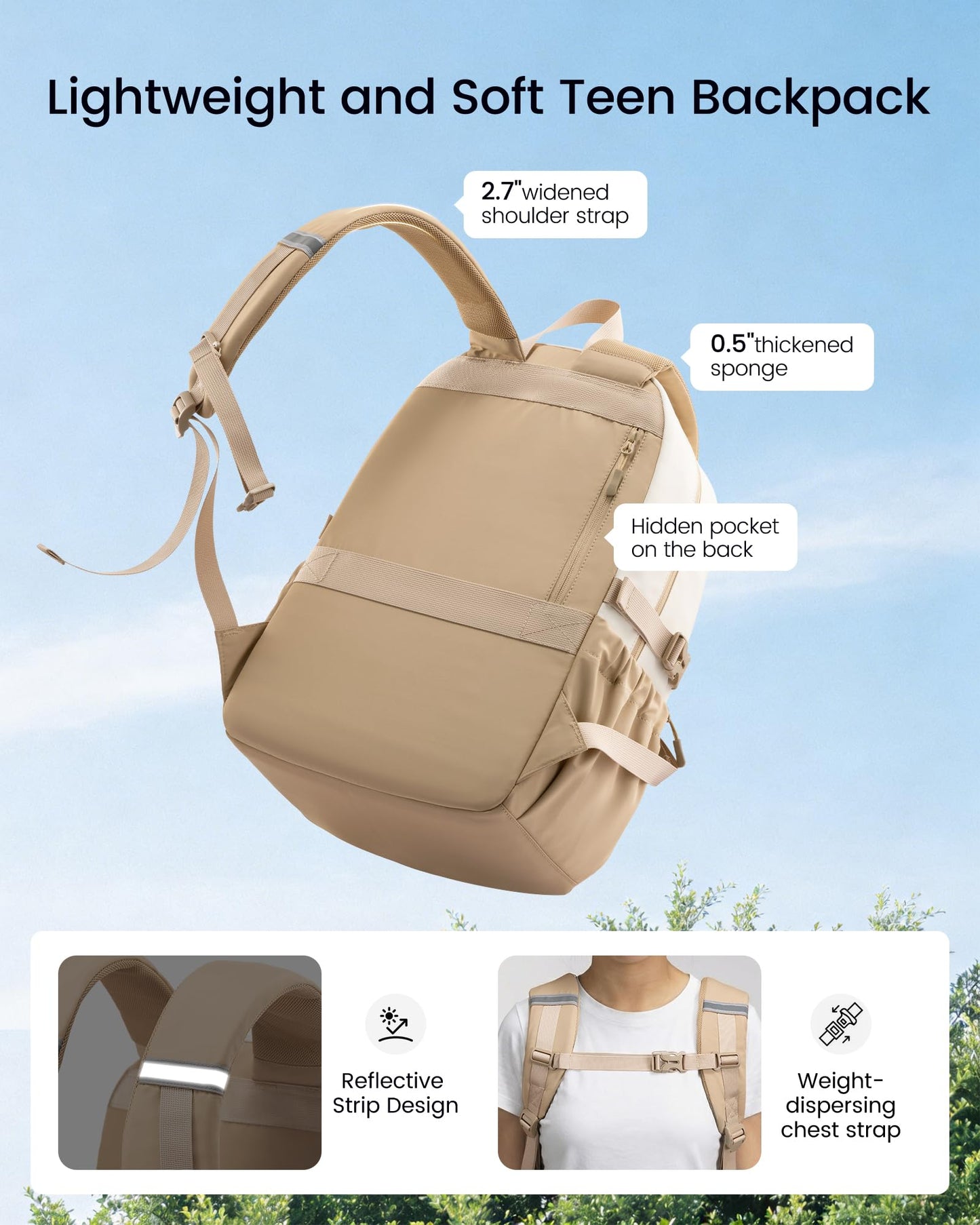LOVEVOOK School Backpack for Teen Girls & Women, 35L Large Laptop Backpack with 40oz Water Bottle Pocket, Waterproof Cute College Bookbag, Student Backpack for Middle High School Travel Work Khaki