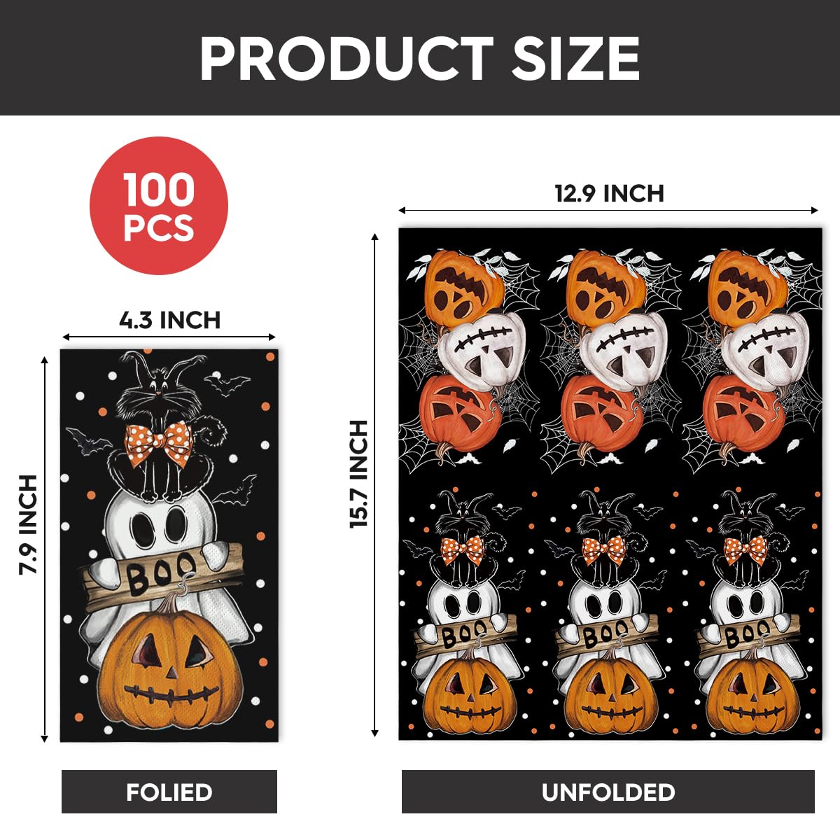 Horaldaily 100 Halloween Disposable Paper Decorative Guest Napkins, Orange Jack-O-Lantern Pumpkin Dots Ghost Cat Hand Towel for Party Lunch Dinner Kitchen Bathroom