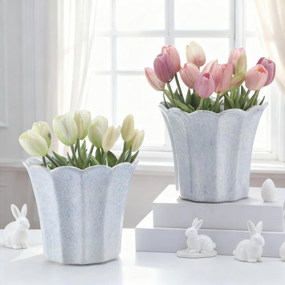 Honeydak 2 Pcs Fluted Ceramic Pots for Plants Indoor 7.5 x 6.5 Inches Spring Easter Scalloped Stylish Ceramic Planters Fluted Tulip Cachepots Blue Flower Pots Home Garden Patio Office Outdoor Planter