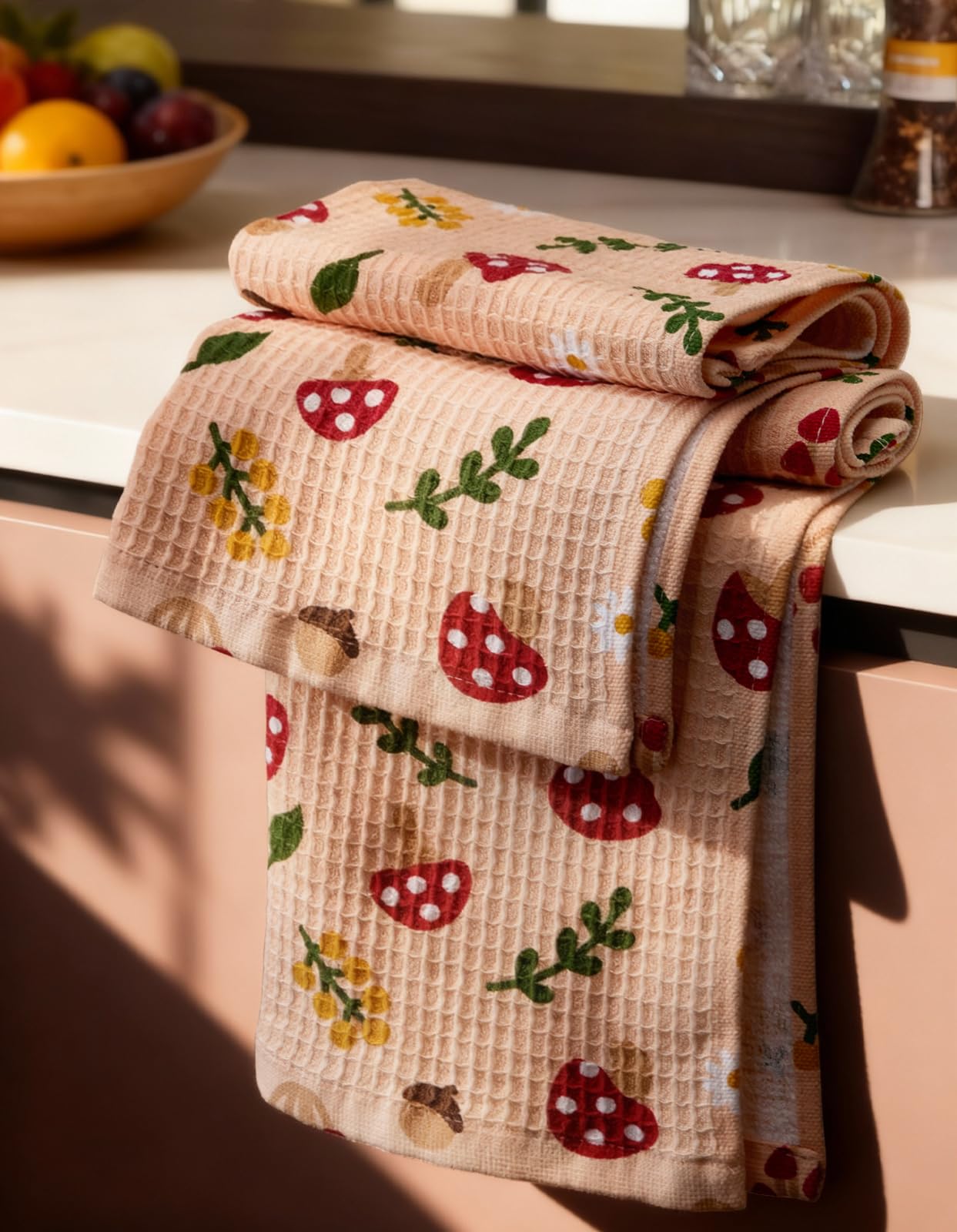 Miss Adola Cotton Waffle Kitchen Towels – Cute 370 GSM 16x25 Inch Terry Cloth Waffle Decorative Dishcloth for Kitchen Set of 2 with Hanging Loop Absorbent Hand Tea Towel for Home Design, Mushroom