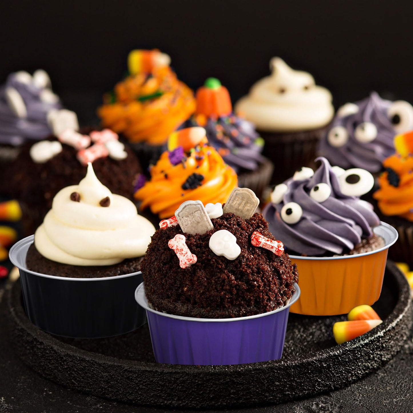 JarThenaAMCS 60Pcs Halloween Baking Cups with Lids Aluminum Foil Cupcake Holders Black Purple Orange Muffin Liners Wrappers Mini Cake Pans Ramekins Cups Dessert Containers for Party Supplies