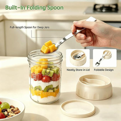 Overnight Oats Containers with Lids and Spoon 2 Pack, 16oz Leakproof Glass Oat Over night Jar with Seperate Compartment for Fruit & Nuts, Mason Jars for Oatmeal Yogurt Chia Seed Pudding Meal Prep