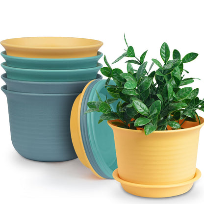 Hayder 6 Inch Plant Pots, 6 Pack Thick Plastic Flower Pots for Plants Indoor Outdoor, Planters with Drainage Holes and Saucers, Mix Color