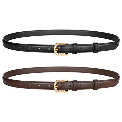 JASGOOD 2 Pack Women Skinny Belt with Gold Buckle Fashion Faux Leather Thin Belt for Jeans Pants,Black+Dark Brown