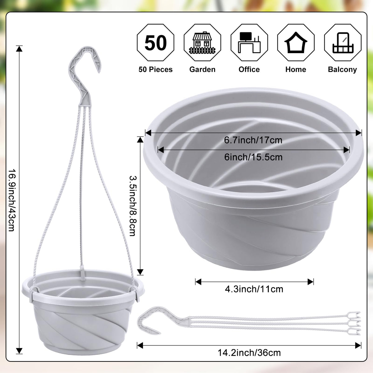 Tioncy 50 Pcs Plastic Hanging Planter Round Hanging Pot for Plants Containers with Hook Flower Plant Pots Holders for Outdoor Indoor Plant Balcony Garden Decor(Gray White)